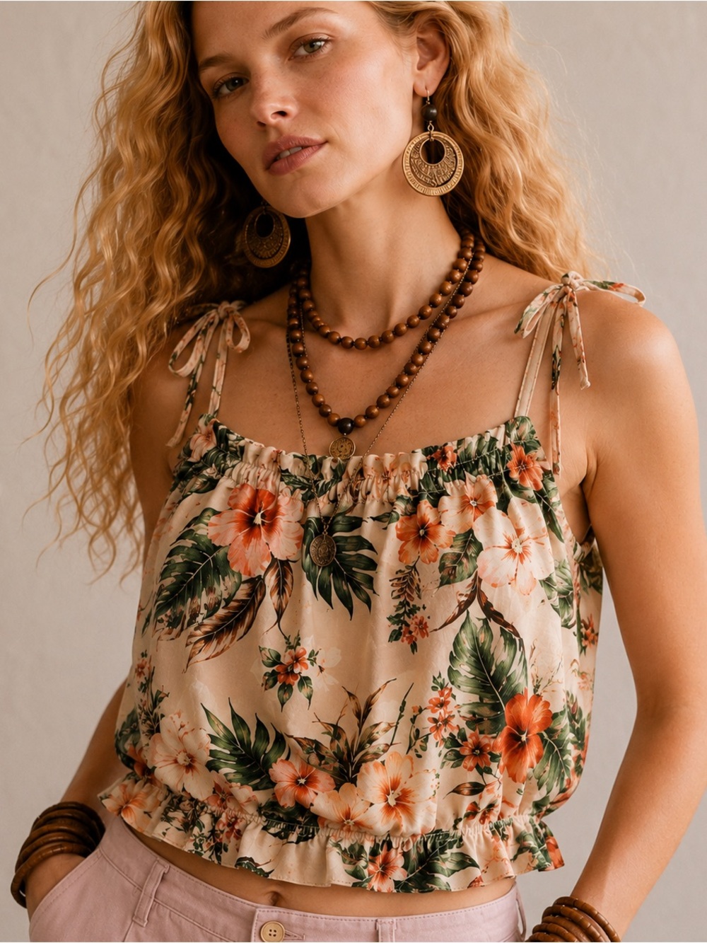 Paper Crane Tropical Floral Cami Top S Tie Strap Peplum Boho Cropped